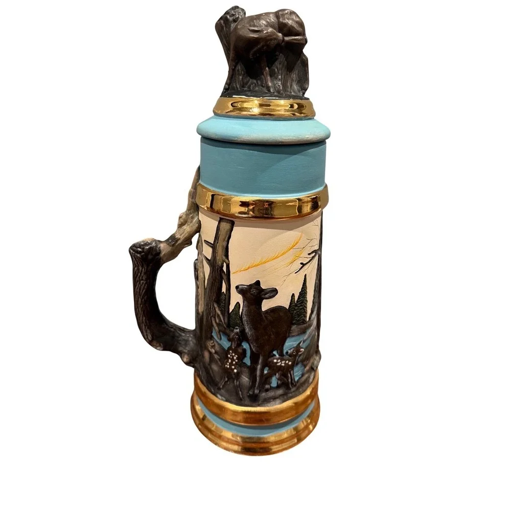 Vintage Deer Wildlife Ceramic Beer Stein Hand Painted Forest Scene with‎ Lid